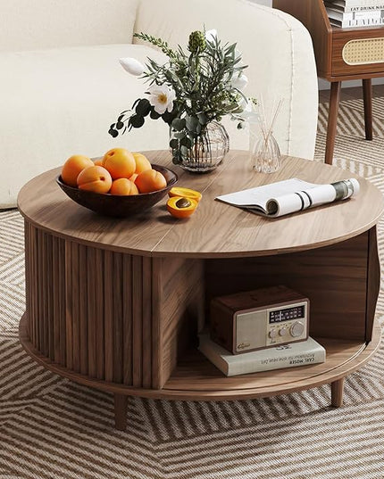 JOINICE,Round Coffee Table with Storage, 31.5" Fluted Center Table for Living Room, Modern Walnut Wood Circle Drum Table with Sliding Cabinet Door, Mid Century Furniture for Small Space