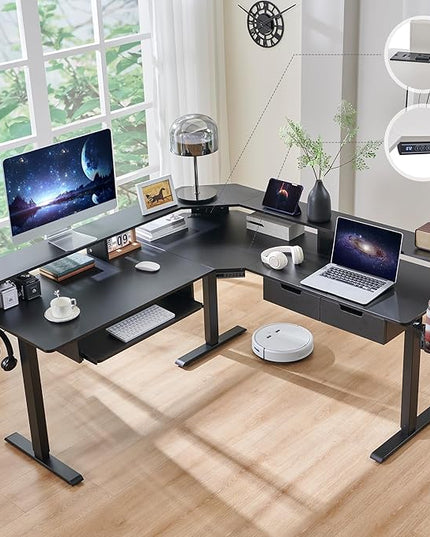 RedLemon 60 Inches L Shaped Electric Standing Desk, Height Adjustable Corner Gaming Desk with Drawers, Power Outlets & LED Lights, Computer Desk with Monitor Shelf, Carbon Fiber Black