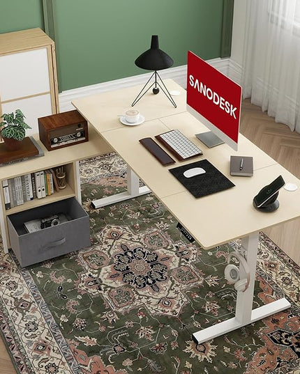 SANODESK 63'' L Shaped Standing Desk with 2-Drawer File Cabinet, Electric Height Adjustable Stand up Desk w/USB Charge Ports, Home Office Modern Wood Computer Desk with Shelves,White Frame/Maple Top