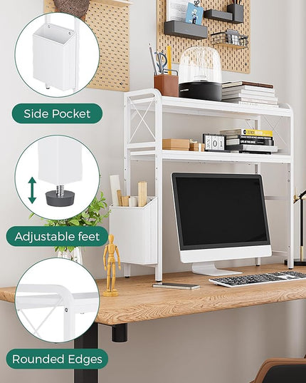 VERSASKY Desktop Shelves, Monitor Stand with Adjustable Shelves and Side Pockets, 2-Tier Desktop Bookshelf Organizer, Large Capacity Display Shelf Rack, Desk Hutch for Home Office, Study Room, White