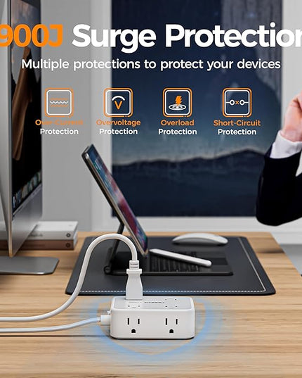 TESSAN 10 Ft Surge Protector Power Strip, 3 USB(1 USB C) 8 Outlets, Flat Plug Extension Cord with Multiple Outlets, 900J Protection, Desk Charging Station for Home, Dorm Room Essentials, Grey