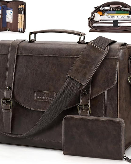 RAINSMORE Flap Messenger Bag for Men Vintage PU Leather Laptop Bag 15.6 Inch Retro Briefcase with Wallet Satchel Computer Bag
