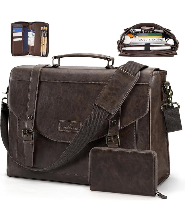 RAINSMORE Flap Messenger Bag for Men Vintage PU Leather Laptop Bag 15.6 Inch Retro Briefcase with Wallet Satchel Computer Bag