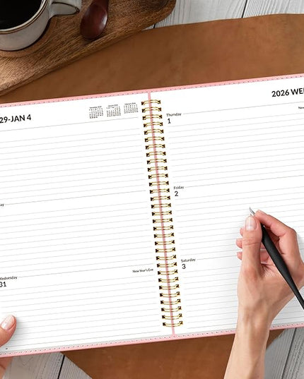 SUNEE 2026 Weekly & Monthly Planner 9"x11.2"- 12 Month (January 2026 - December 2026), Vegan Leather Cover, Pocket, Bookmark, Notes, Monthly Tab, Peach Pink