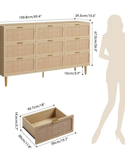 Garvee Rattan Dresser with 9 Drawers, Tall Modern Closet with Deep Storage, Large Chest of Drawers with Wide Top, Long Wooden Dresser for Bedroom, Living Room, Hallway, Kids Room, Natural