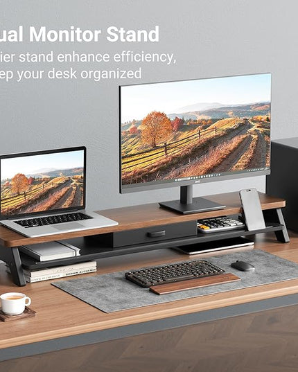 Dual Monitor Stand Riser,LED 2-Tier 39.3 Inch Computer Monitor Stand for 2 Monitors,Office Desktop Organizer with Storage Drawer and Phone Holder for Laptop,PC,Computer,Printer,Walnut