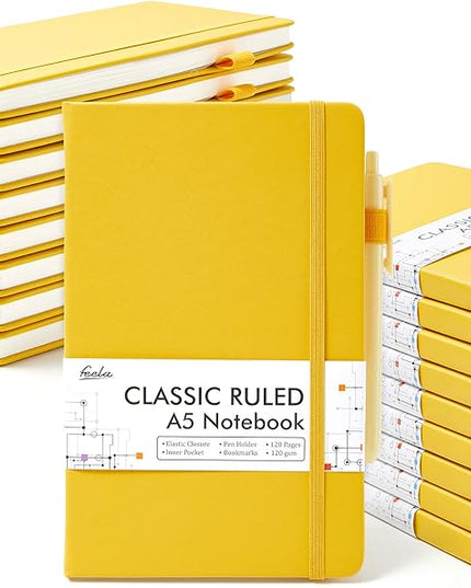 feela 18 Pack Journal Notebook for Work, Business Notebook Bulk Hardcover Lined Writing Journal with Pen Holder for Men Women Note Taking, with 18 Black Pens, 120 GSM, 5.1”x8.3”, A5, Yellow