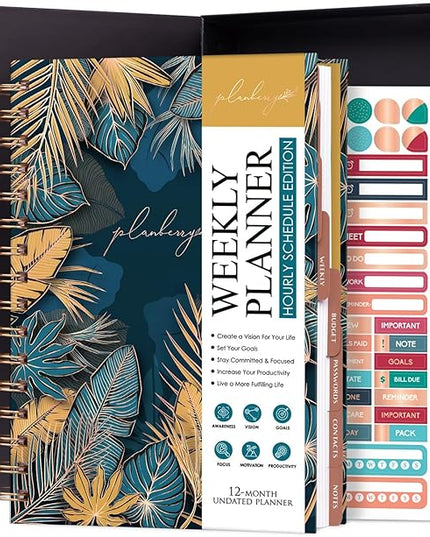 PLANBERRY Hourly Schedule Planner Premium – Undated Weekly Organizer with Time Slots & Monthly Budget – Time Management, Goal Setting, to-Do List & Habit Tracker –6.9″x8.5″(Tropical Forest)