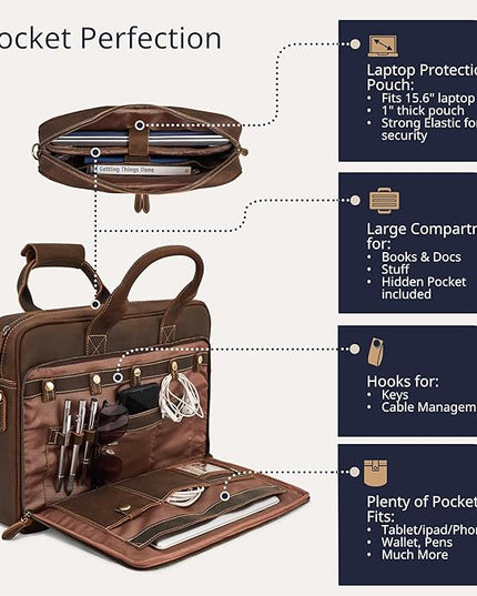 Luxorro Full-Grain Leather Briefcase for Men - Laptop Bag with Leather Computer Compartment