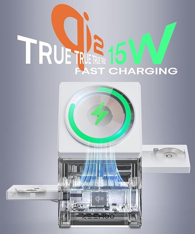 ZEEHOO 3 in 1 Charging Station, for iPhone Charging Station, for Apple MagSafe Charger, Qi2 Certified, 15W Fast Wireless Charger, for Apple Watch, for iPhone 17,16,15,14,13,12 Series, AirPods (White)