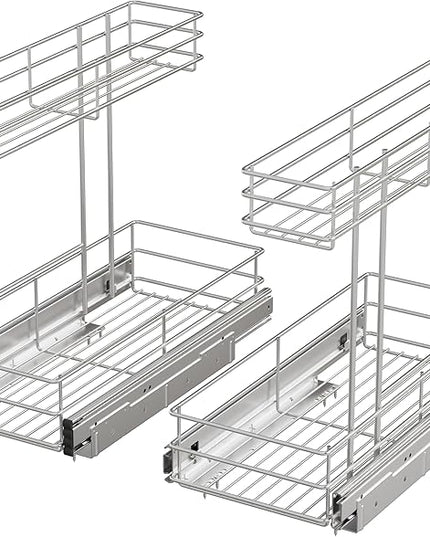 Under Sink Organizer 2 Packs, Pull Out Cabinet Organizer 2 Tier, Under Sink Slide Out Organizer Chrome Plated, Under Kitchen Bathroom Sink Organizer, Pantry Cabinet Closet Organization Rack, 9"W X19"D