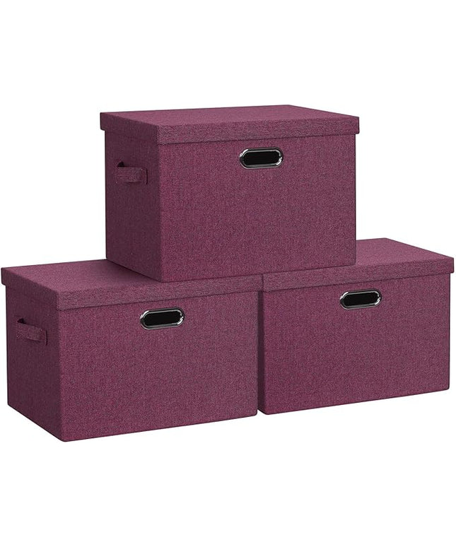 Large 17" 36 Quart Collapsible Stackable Storage Bins with Lids, 3 Packs Purple Linen Fabric Closet Boxes with Lids, Storage Cube Baskets Container Organizers for Bedroom Office (17x12x11)