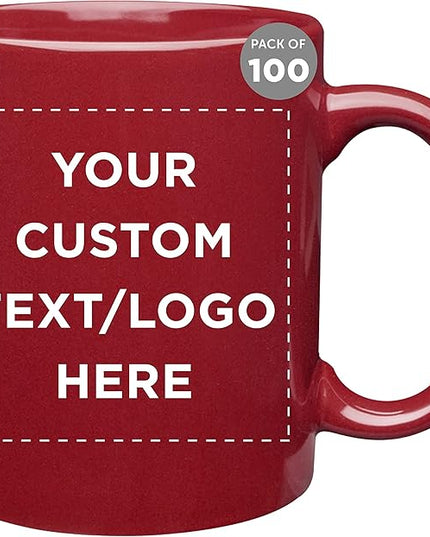 Custom Ceramic Coffee Mugs 11 oz. Set of 100, Personalized Bulk Pack - Coffee cup set, Iced coffee cup, Gaming mug - Red