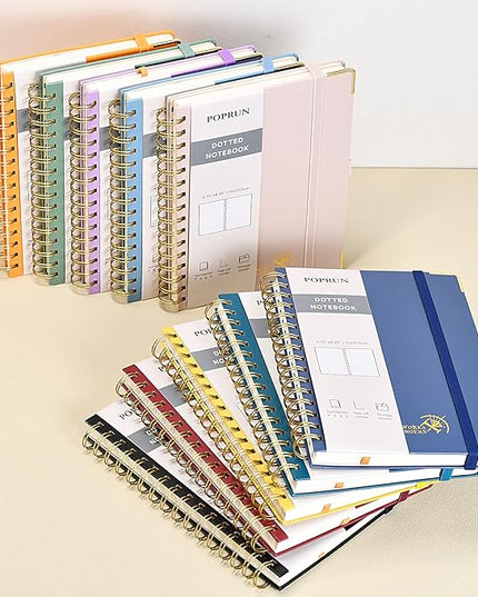 POPRUN Spiral Dotted Journal Notebook, [A5-5.75'' x 8.25''] - 120 GSM Thick Paper, 141 Numbered Pages, Hardcover for Men & Women with Pocket, Index Tabs, 8 Perforated Sheets, Orange