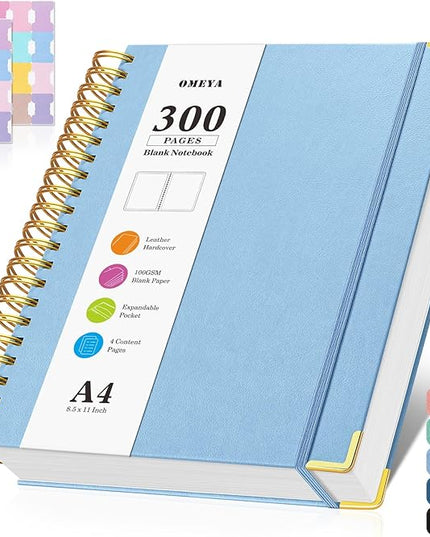Blank Spiral Notebook: Sketch Book 8.5" X 11", Hardcover Sketchbook, 300 Pages Leather Unlined Notebook for Women Men,100GSM Thick Paper Journal, A4 Large Art Sketchbook for Drawing Work, Light Blue