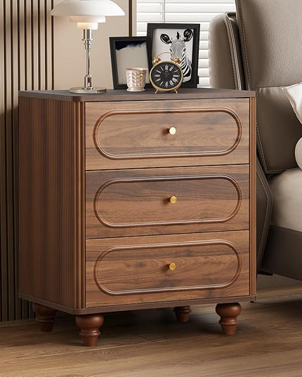 3 Drawer Fluted Dresser for Bedroom Set of 2, Mid Century Modern Chest of Drawers, Wood Storage Small Dresser Organizer for Bedroom Living Room Hallway Closet, Walnut