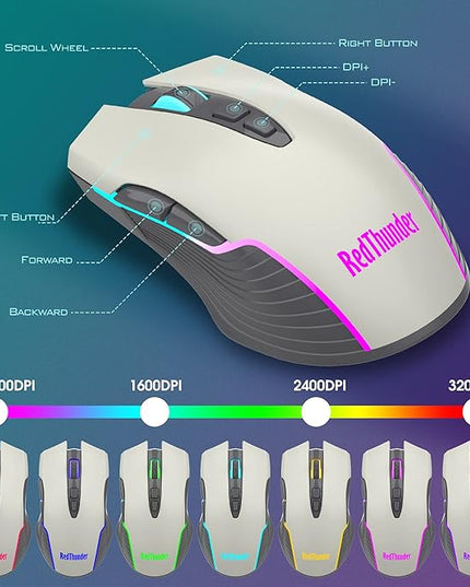 RedThunder K10 Pro Wireless Gaming Keyboard and Mouse Combo, RGB Backlit Rechargeable 3800mAh Battery, Mechanical Feel Anti-ghosting Keyboard + 7D 3200DPI Mice for PC Gamer(White Gray)
