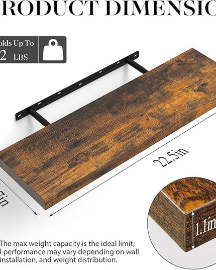 BAYKA Floating Shelves, 22.5 inches Rustic Wood Wall Shelves for Bathroom，Bedroom, Living Room, Kitchen & Book, Hanging Display Decor Organization Shelf with 22 lbs Capacity (Rustic Brown)