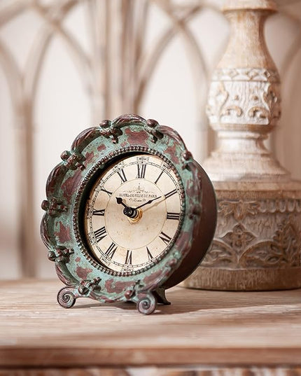 NIKKY HOME Table Top Clock, Vintage French Decorative Pewter Analog Desk Clock Battery Operated for Living Room Decor Shelf, Green