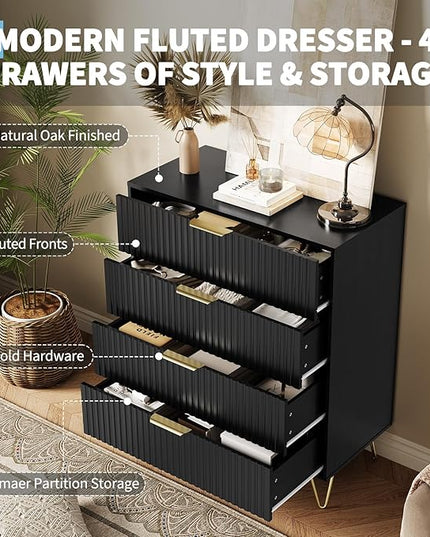 Garvee Fluted Dresser for Bedroom with 4 Drawers,32" Wide Modern Chest of Wooden Bedroom Chest with Metal Handle,Wide Clothes Storage Organizer,Closet Dresser & TV Stand for Living Room,Hallway,Black
