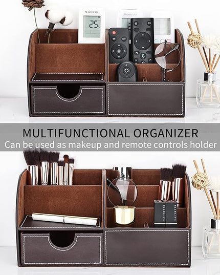 KINGFOM Pu Leather Desk Organizer Pen Pencil Holder Office Supplies Caddy Storage Box 6 Compartments with Drawer Brown