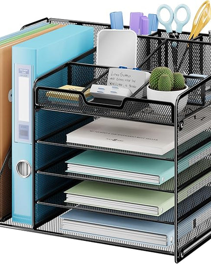 Lavatino Desk Organizer, 5-Tier Metal Mesh Paper Letter Tray with 2 File Holders & 7 Flexible Dividers for Office or Home Desk Organizers and Accessories, Keep Workspace Supplies Neat, Black