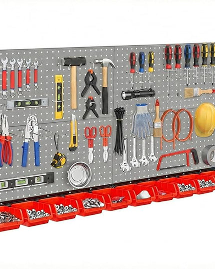 Peg Board Wall Organizer, Gray Metal Pegboard Organizer, 4 Metal Pegboard Panels(12"x24") with 55 Accessories, Wall Mount Large Peg Board Kit with Hooks, Bins for Home, Garage, Workbench