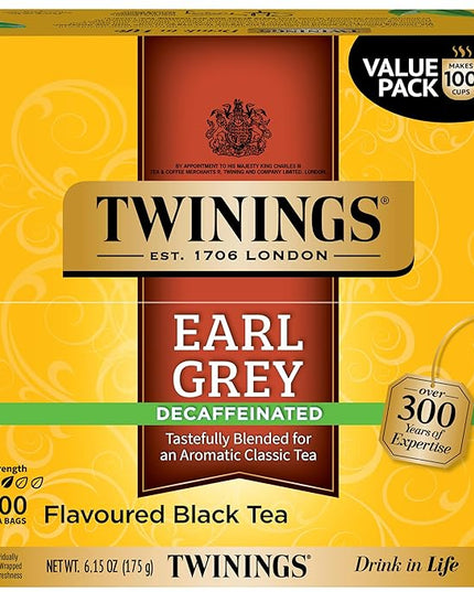Twinings Decaffeinated Earl Grey Black Tea Individually Wrapped Bags, 100 Count (Pack of 1), Flavoured with Citrus and Bergamot, Enjoy Hot or Iced, 100 Teabags