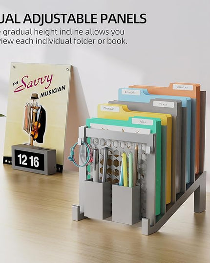 File Organizer for Desk with Storage Box & Hook, Inclined File Organizer with 5-Section Vertical File Holder suitable for Home Office Document Organization (Desk Gray)