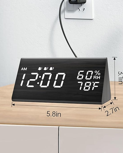 Digital Alarm Clock, with Wooden Electronic LED Time Display, 3 Alarm Settings, Humidity & Temperature Detect, Wood Made Electric Clocks for Bedroom, Bedside (Black)