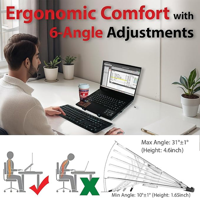 Portable Laptop Stand, Foldable Laptop Stand for Desk and Travel, Ergonomic 6-Level Angle Adjustable Computer Riser, Compact ABS Holder Compatible with All Lap Tops and iPad (10-15.6")