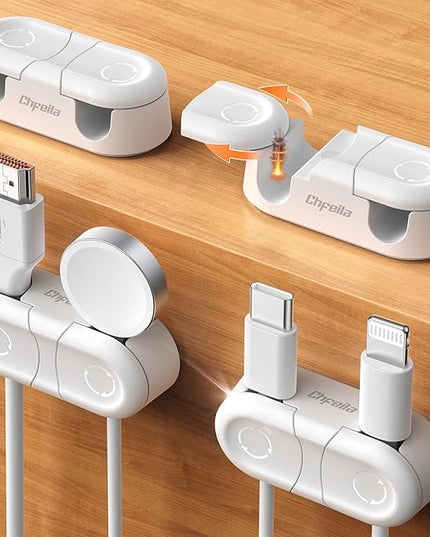 Magnetic Cable Clips - Chfeila 4Pack [Dual Slot] [360°Rotating & Twist-Lock] Cord Management, Adhesive Phone Charging Keeper, Wire Organizer Holder for Nightstand, Home Office Desk Accessories Decor