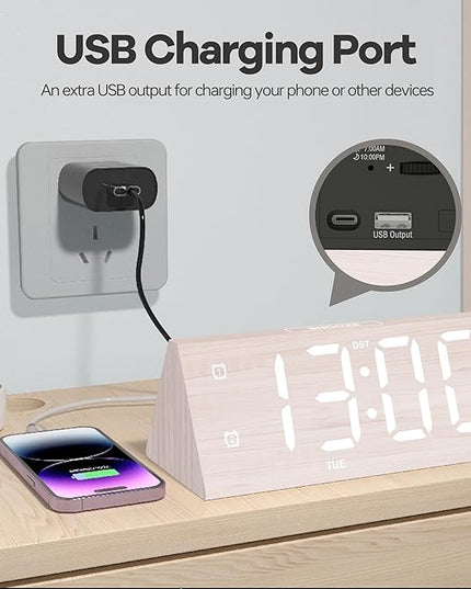 Digital Alarm Clock, with Wooden Electronic LED Time Display, 3 Alarm Settings, Humidity & Temperature Detect, Wood Made Electric Clocks for Bedroom, Bedside, Desk (White-Big Bold)