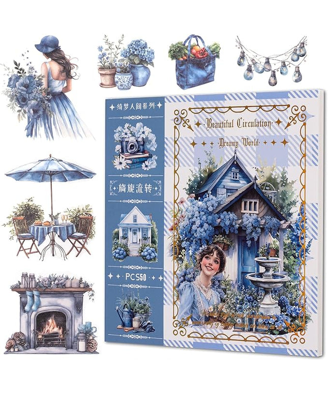YagCu Garden Junk Journal Stickers, 50 Sheets Washi Journaling Sticker Book, Scrapbook Supplies, Watercolor Scrapbooking for Adults, Blue Decorative Ephemera Arts Craft