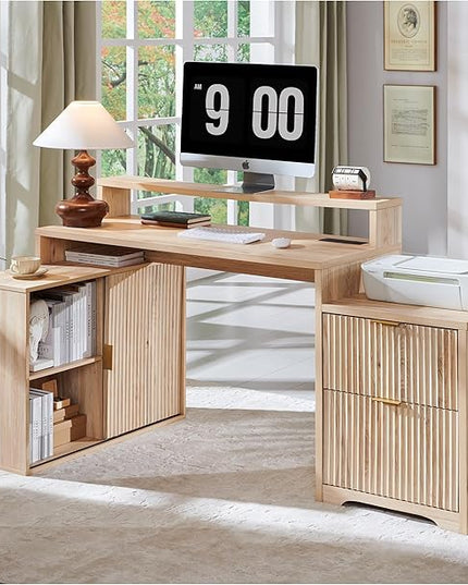 JXQTLINGMU 67" Modern L Shaped Desk with Storage Cabinet & Drawers, Wood Home Office Desk with Power Outlets, Fluted Computer Writing Desk, Natural Oak