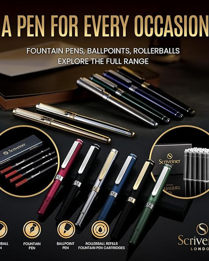Scriveiner Luxury Fountain Pen - Stunning Gold Luxury Pen, Real Gold Finsih, Schmidt Gilded Nib (Medium), Converter, Best Pen Gift Set for Men & Women, Professional, Executive, Office, Nice Pens
