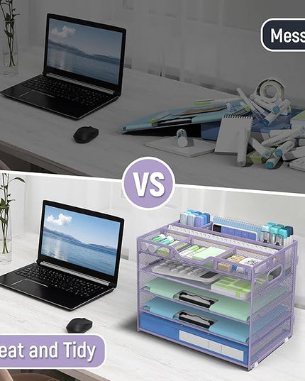 Docnest 5 Tier Mesh Desk Organizer- Letter Tray with Adjustable Compartments, Mesh Desktop Storage Built in Pen Holder and Handles, Desk Organizer Tray for Mail Documents Office Supplies–Purple