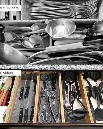 Utoplike 4 pcs Bamboo Kitchen Drawer Dividers Large, Adjustable Drawer Organizers, Spring Loaded, Works in Kitchen, Dresser, Bathroom, Bedroom, Drawer, Desk
