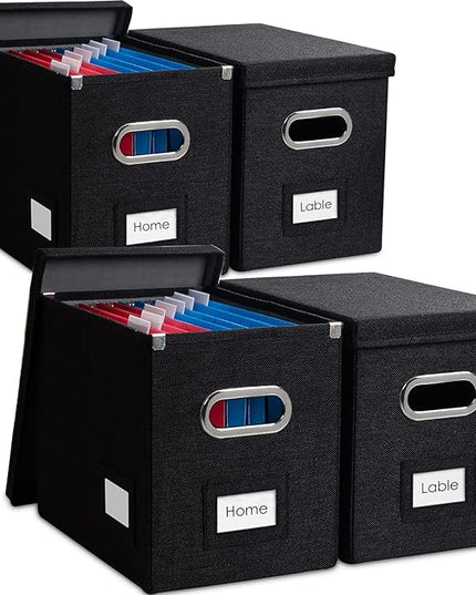 PRANDOM File Organizer Box - Set of 4 Collapsible Decorative Linen Filing Storage Hanging File Folders with Lids Office Cabinet Letter Size Black (14x9.3x10.8 inch)