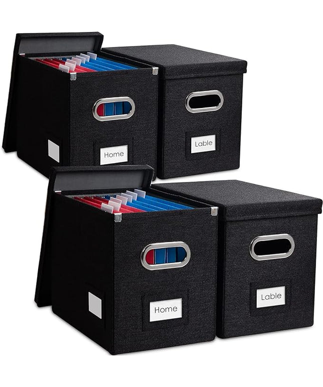 PRANDOM File Organizer Box - Set of 4 Collapsible Decorative Linen Filing Storage Hanging File Folders with Lids Office Cabinet Letter Size Black (14x9.3x10.8 inch)