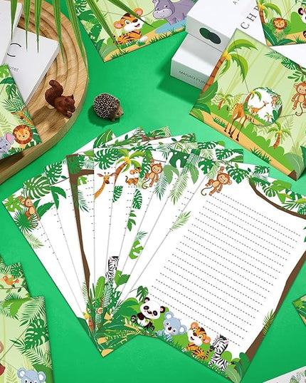 TaoBary 160 Pcs Stationery Paper Set 50 Double Sided Stationery Papers with 50 Matching Envelopes and 60 Round Dot Sticker, 10 Design(Safari Animal,5.5 x 8.25 Inch)