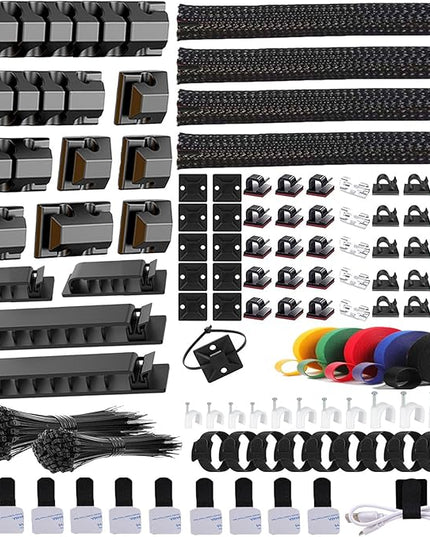 ELII 327 PCS Cable Management Kit 4 Cable Cable Sleeves,65 Cable Clips with 13Cord Holders,25 Roll Cable Organizer Straps,200 Fastening Cable Ties,20 Cable Zip Tie Mounts for Computer (Black)
