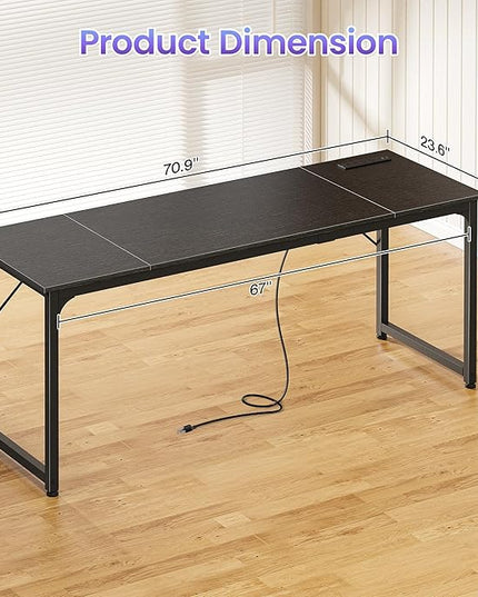 PRAISUN 70 X 24 Inch Office Computer Desk with Power Outlets and USB-C Port, Larger and Longer Gaming Desk, for Home Office, Study, Writing Work from Home Table, Metal Frame, Black