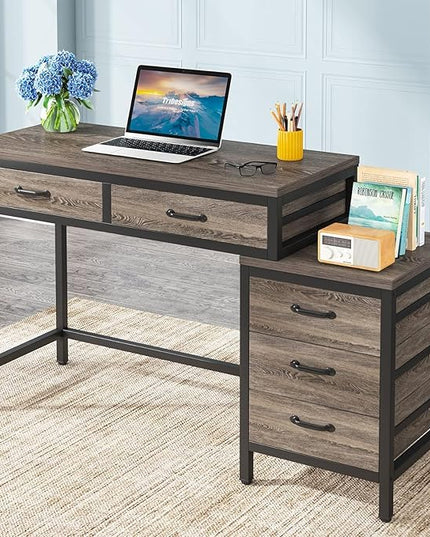 Tribesigns Computer Desk with 5 Drawers, Home Office Desks with Reversible Drawer Cabinet Printer Stand, Industrial PC Desk with Storage, Grey Study Writing Table Workstation for Small Spaces