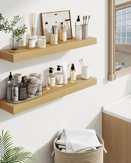 Fun Memories Bathroom Shelves 32 Inch Long Set of 2, Floating Shelves for Wall with Invisible Brackets, for Bedroom, Living Room, Kitchen, Oak