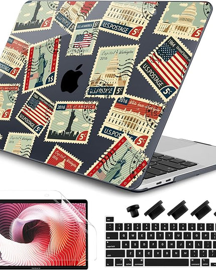 DONGKE Compatible with MacBook Pro 13 inch Case 2024 2023-2020 Release A2338 M2/M1 A2251 A2289 with Retina Display & Touch ID, Plastic Hard Shell & Keyboard Cover & Screen Film - Classic Stamps