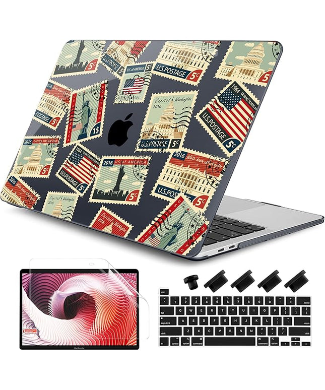 DONGKE Compatible with MacBook Pro 13 inch Case 2024 2023-2020 Release A2338 M2/M1 A2251 A2289 with Retina Display & Touch ID, Plastic Hard Shell & Keyboard Cover & Screen Film - Classic Stamps