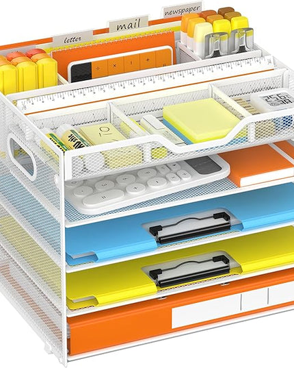 Docnest 5 Tier Letter Tray with Hanging File Organizer-Mesh Desk Organizer-Desktop Storage Box Built in Pen Holder and Handles, File Folder Holder for Mail Documents Office Supplies-White