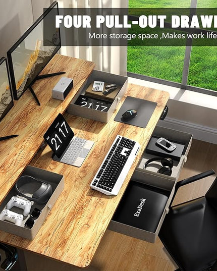 63 * 30 Inches Electric Standing Desk Adjustable Height with 4 Drawers, Double Storage Shelves, Home Office Workstation Sit Stand up Desk (Light Rustic Brown)