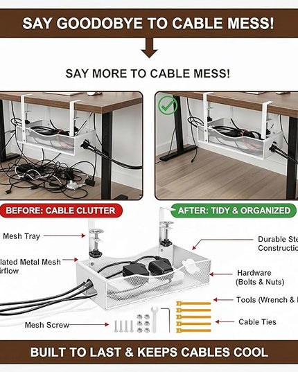 Extra Wide Under Desk Cable Management - No Drill Installation Cable Management Tray, Modern Cord Organizer for Office/Home Desk, Fits Power Strips & Wires((White, XL)